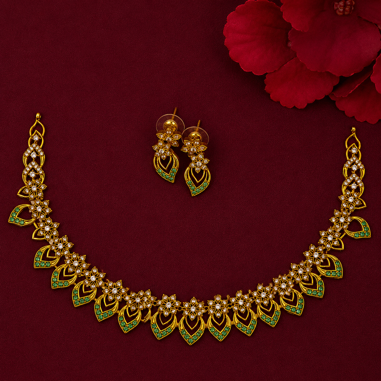 Emerald CZ Floral Leaf Necklace Set