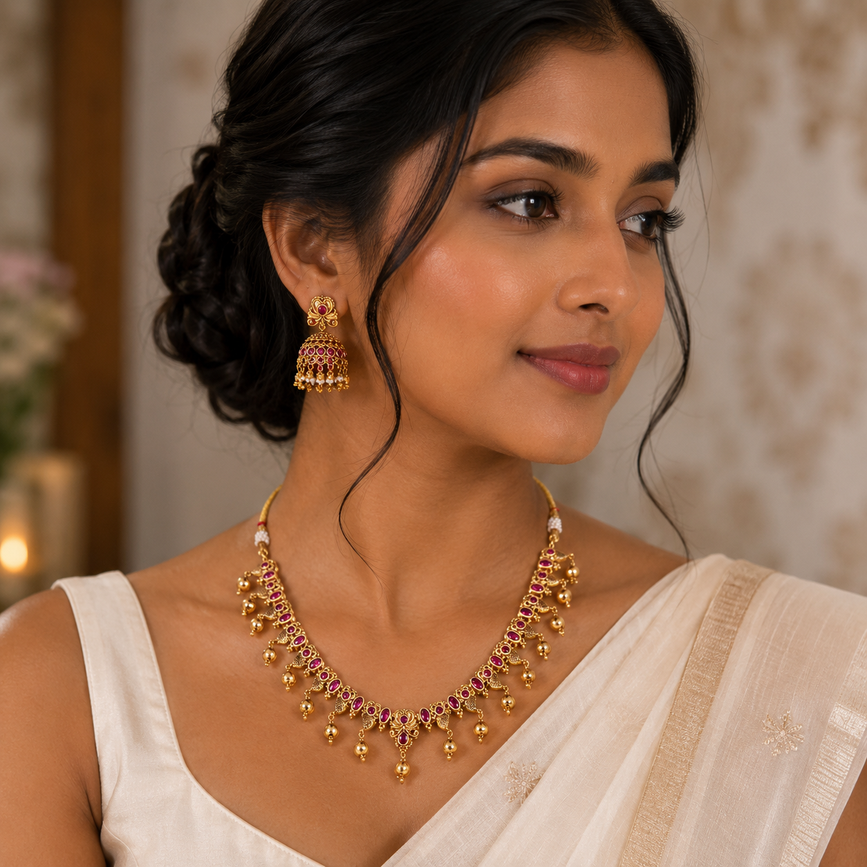 Ruby Peacock Gold Necklace Set