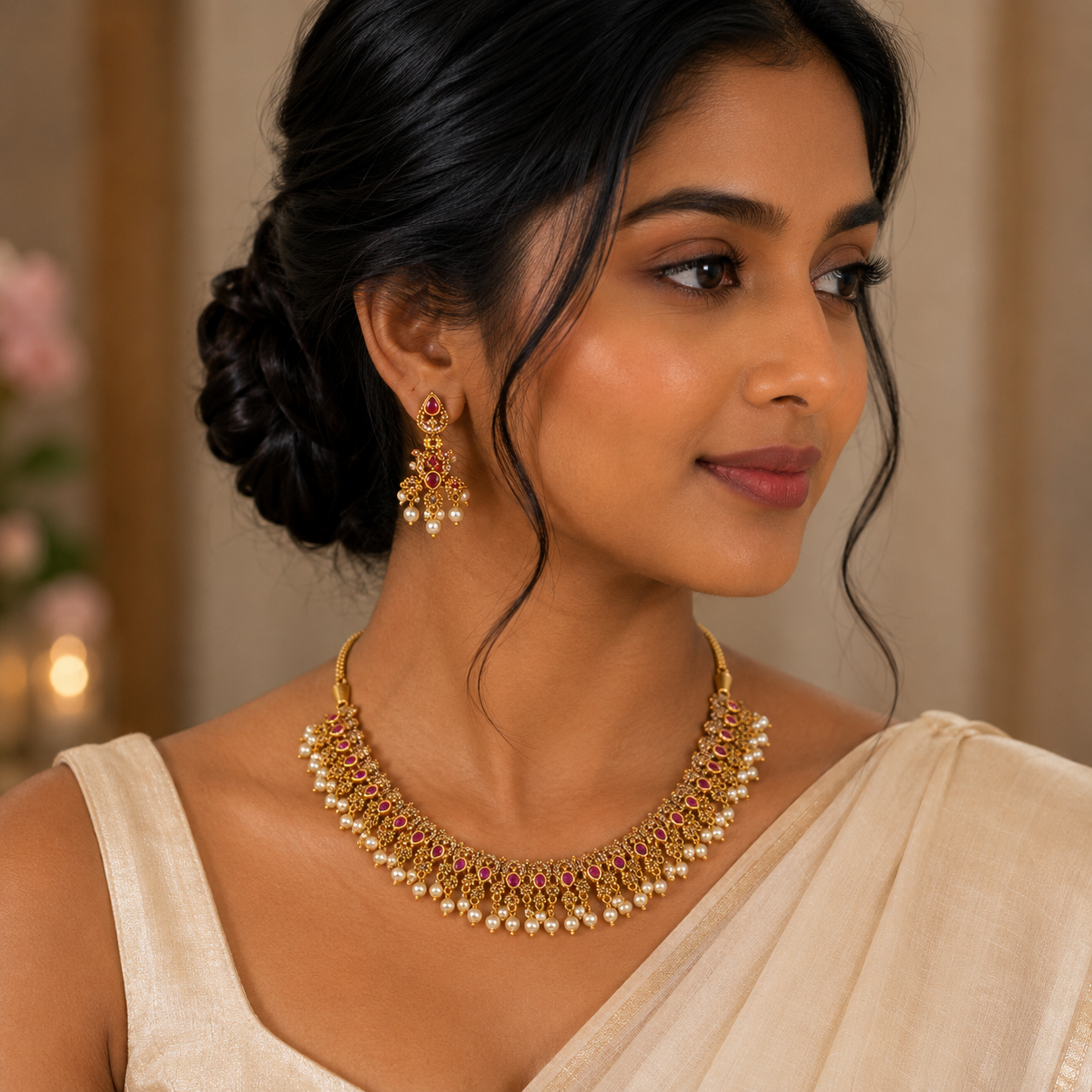 Ruby & Pearl Antique Gold Choker Set