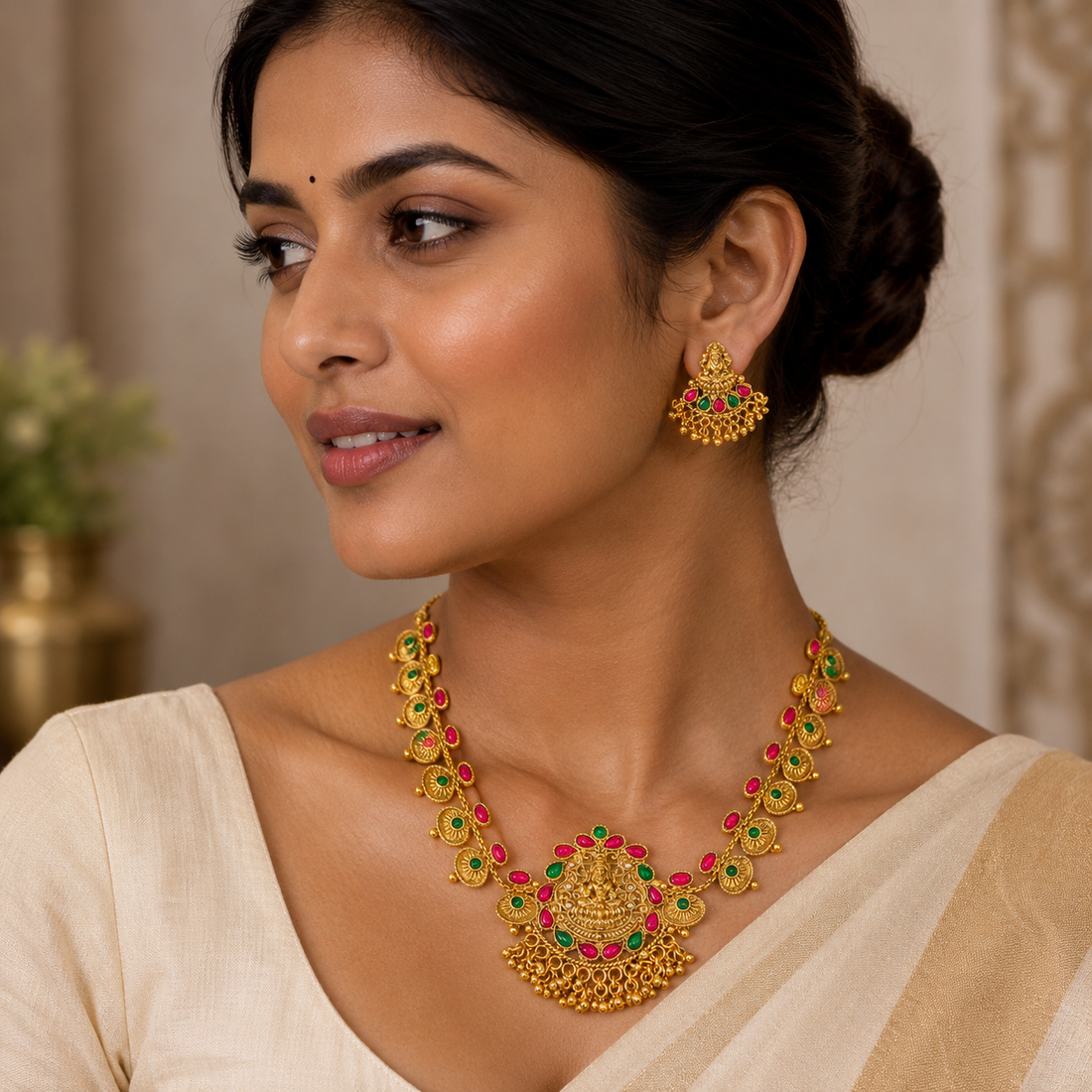 Lakshmi Ruby Emerald Antique Necklace Set