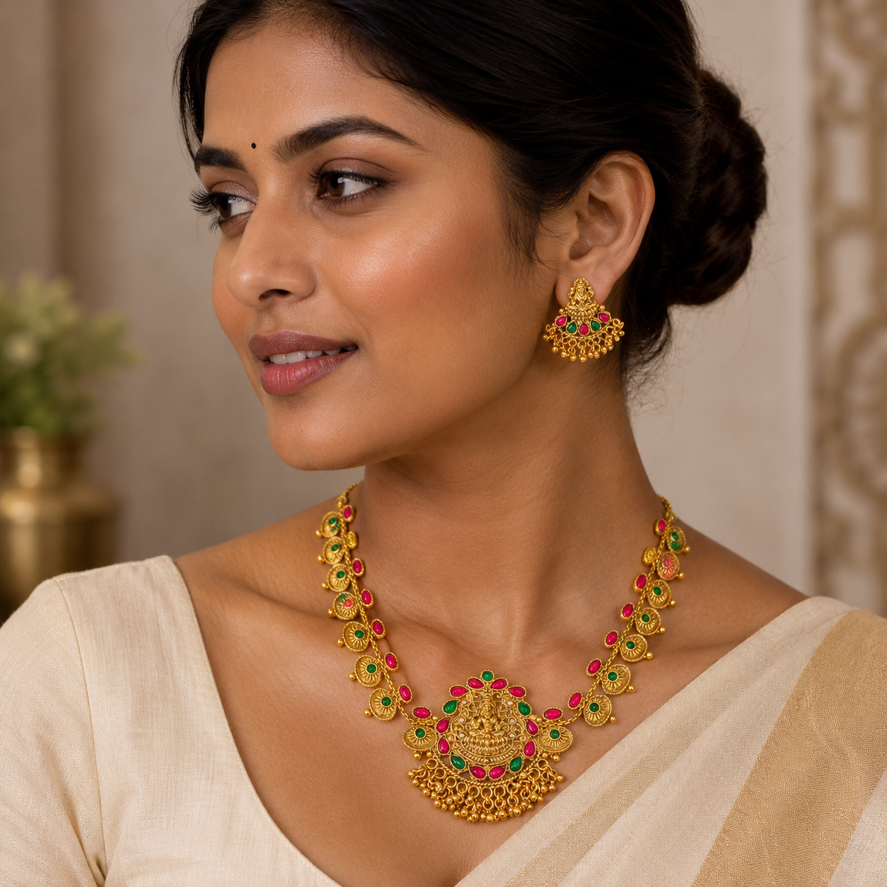 Lakshmi Ruby Emerald Antique Necklace Set