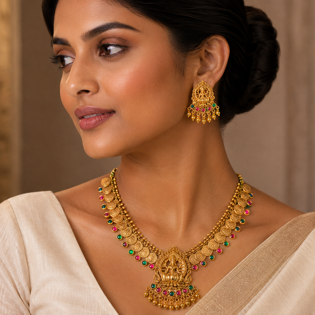 Lakshmi Coin Ruby Antique Necklace Set
