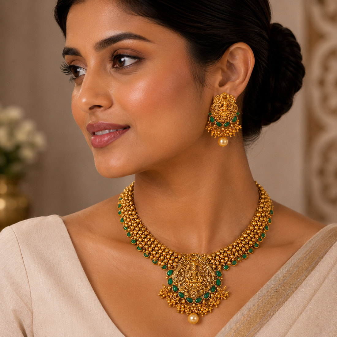 Lakshmi Emerald Antique Necklace Set
