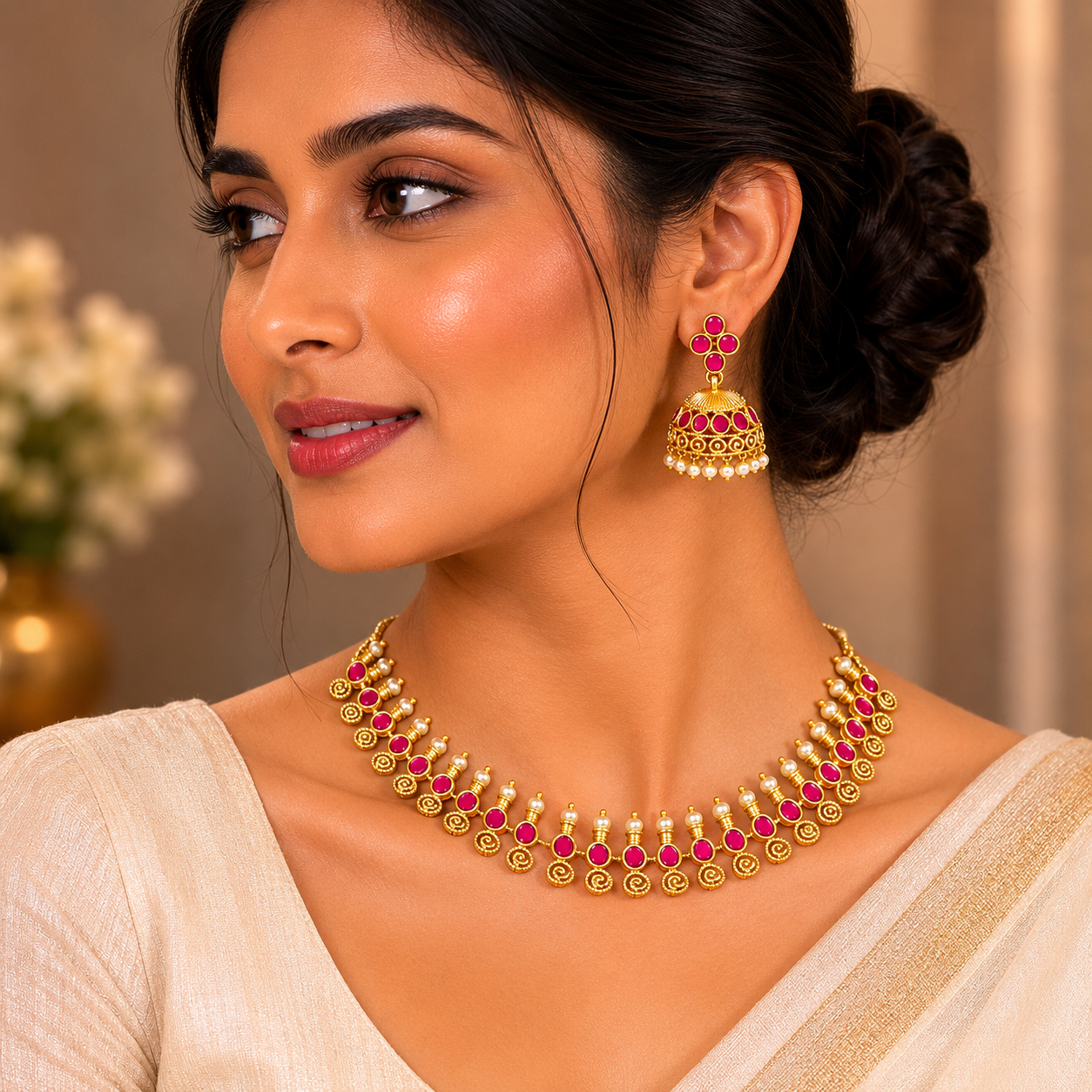 Ruby Pearl Antique Jhumka Set