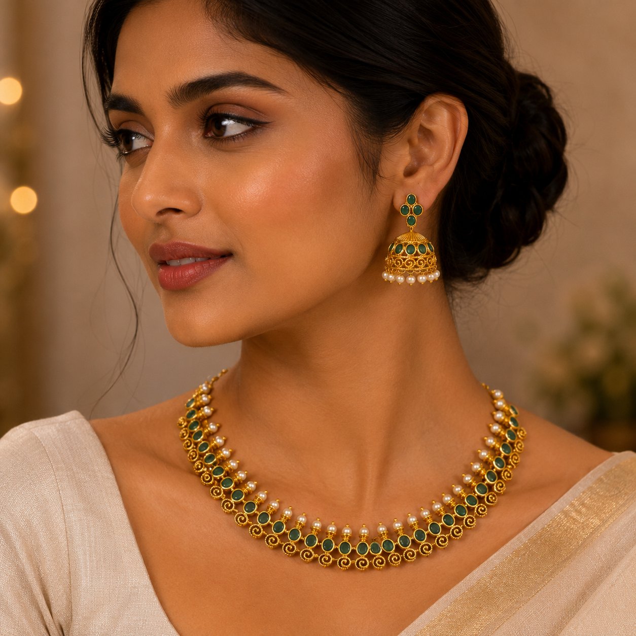 Emerald Pearl Antique Jhumka Set