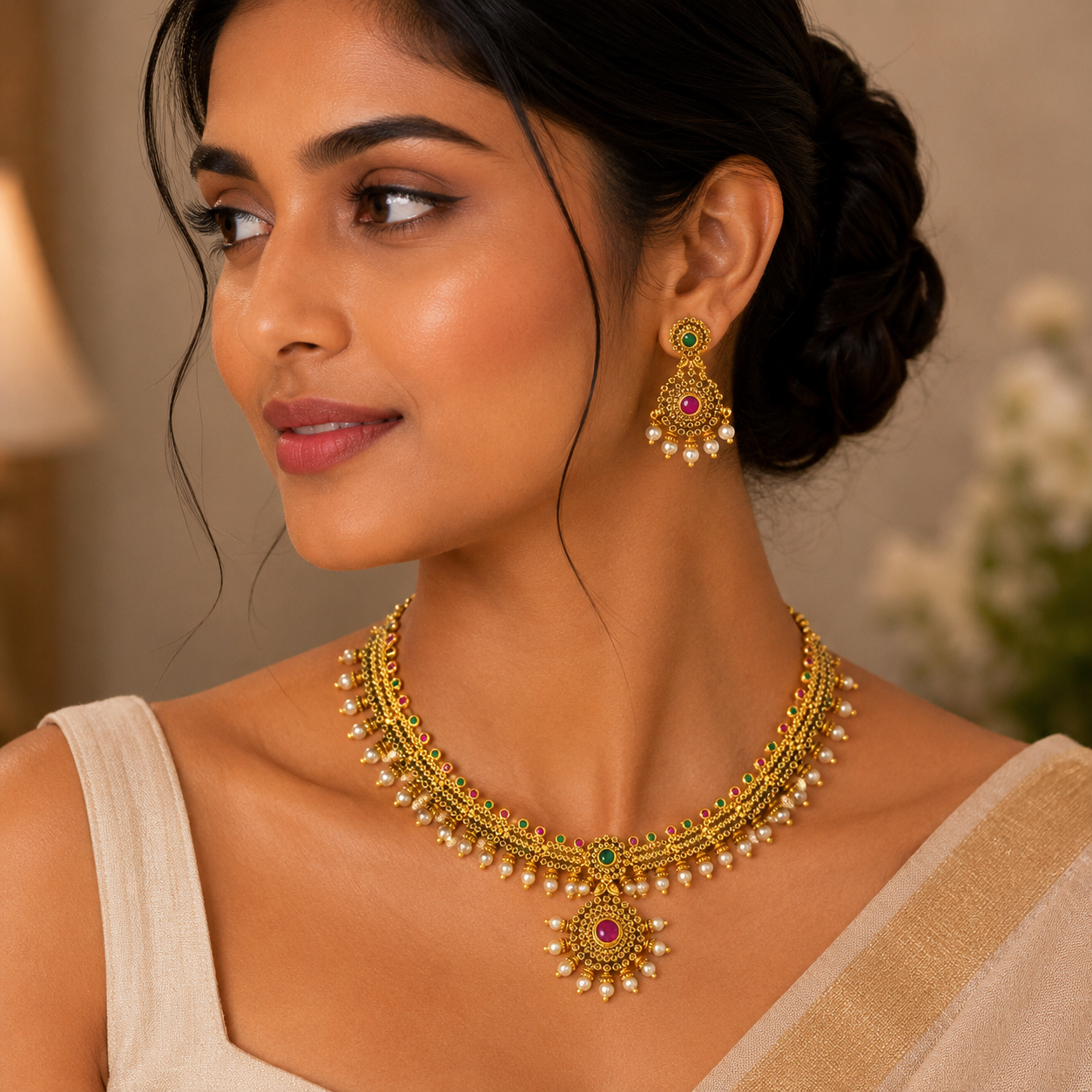 Ruby Emerald Pearl Antique Set