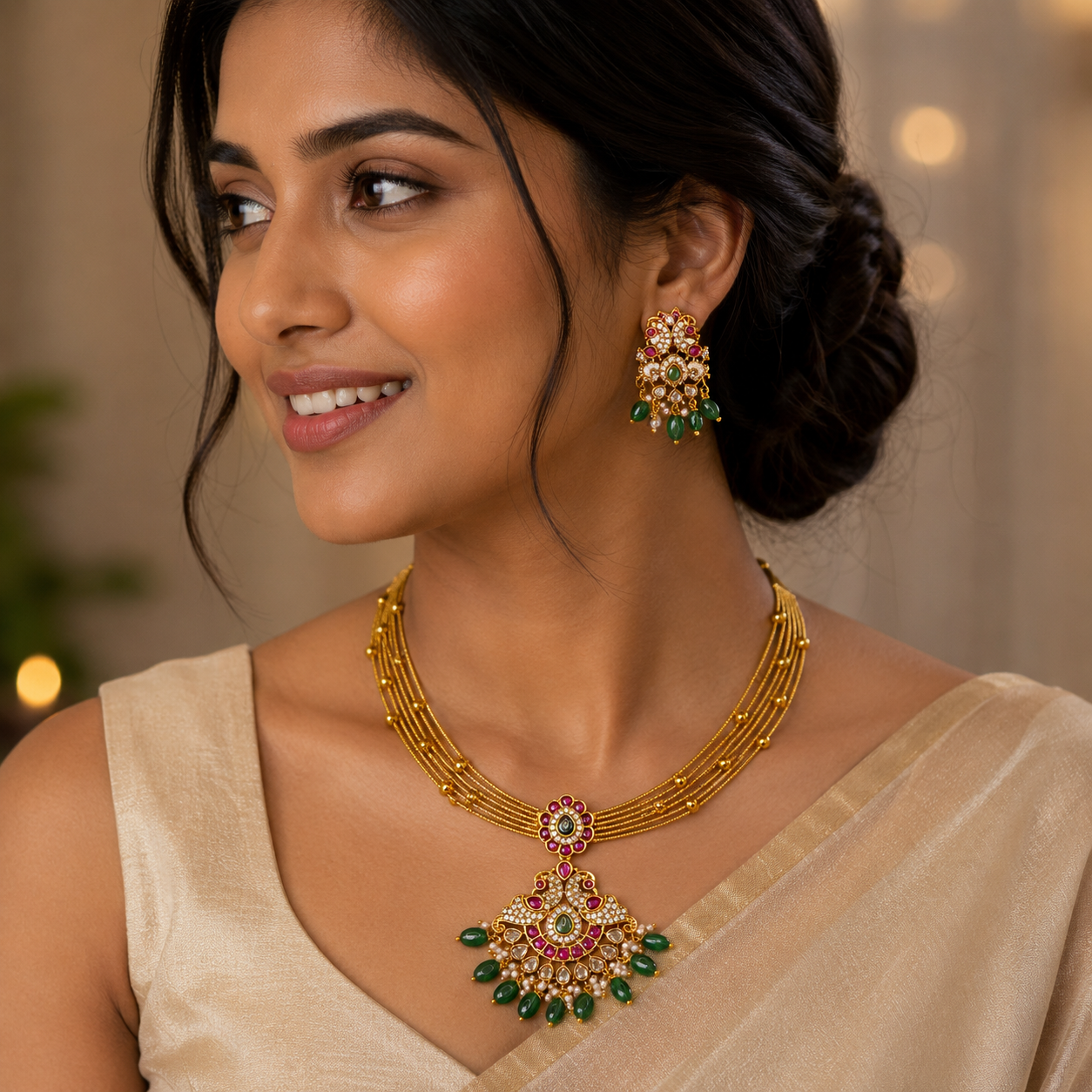 Ruby Emerald Kanti/Hasli Necklace Set