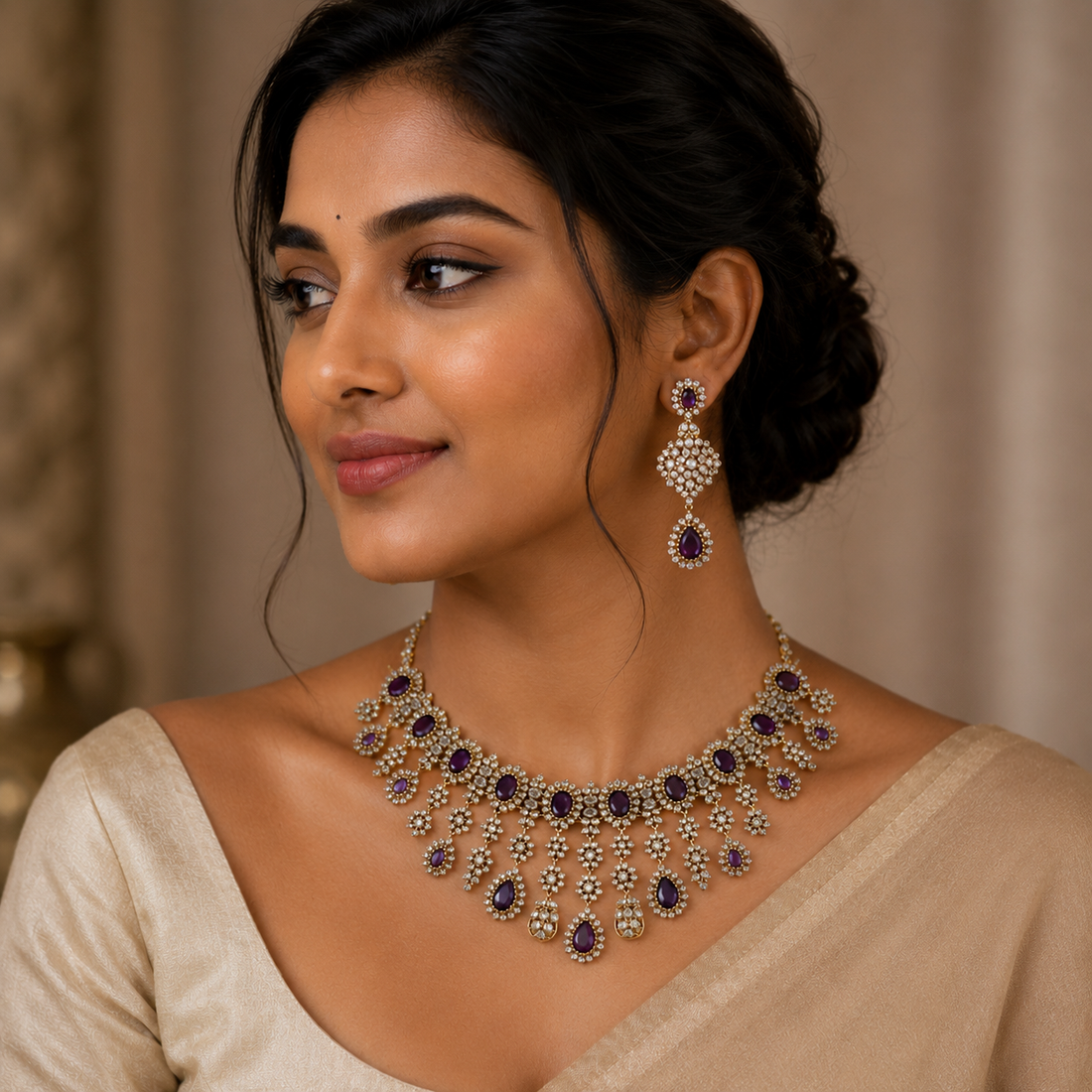 Grand Victorian 3 Layer Purple Drop Neckpiece with Earring