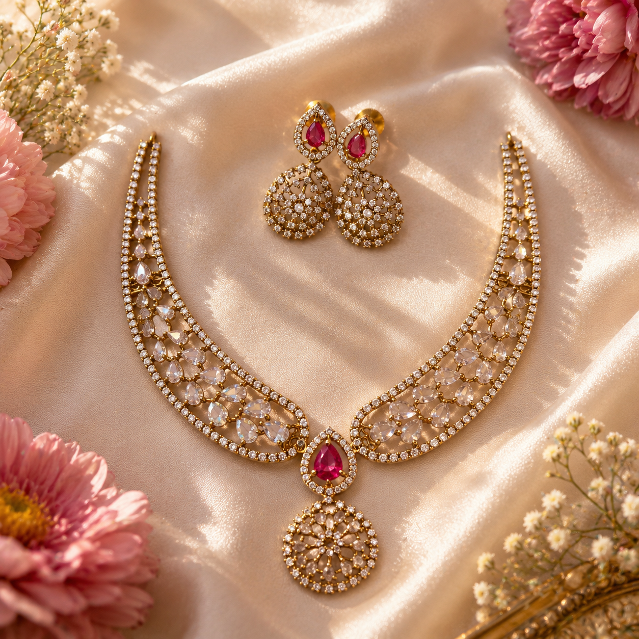 Ruby Crystal Drop Necklace Set