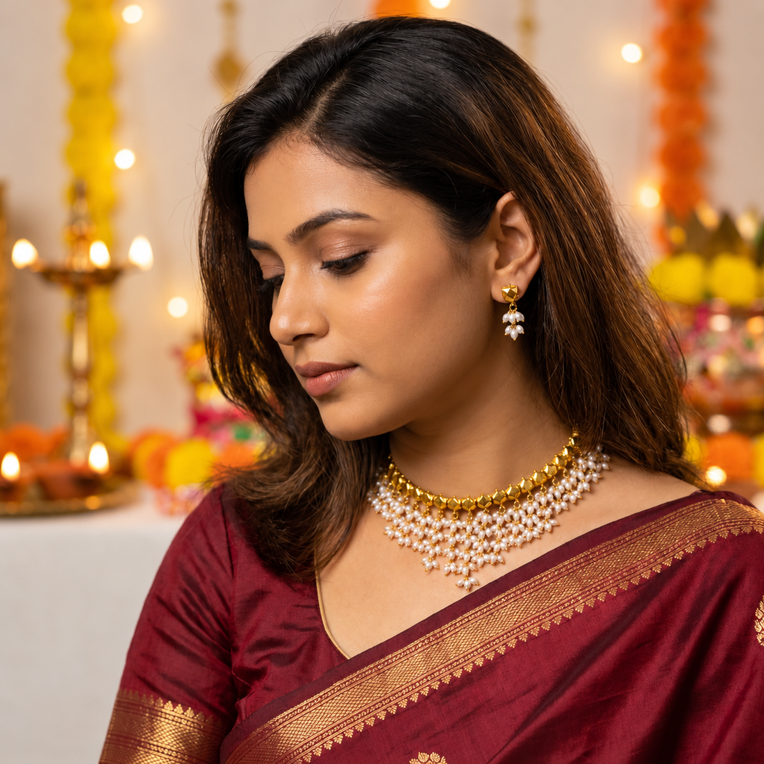 Pearl Cascade Gold Choker Set