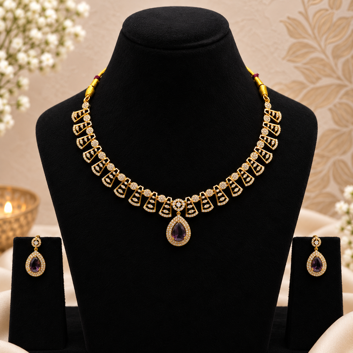 Purple Teardrop CZ Necklace Set