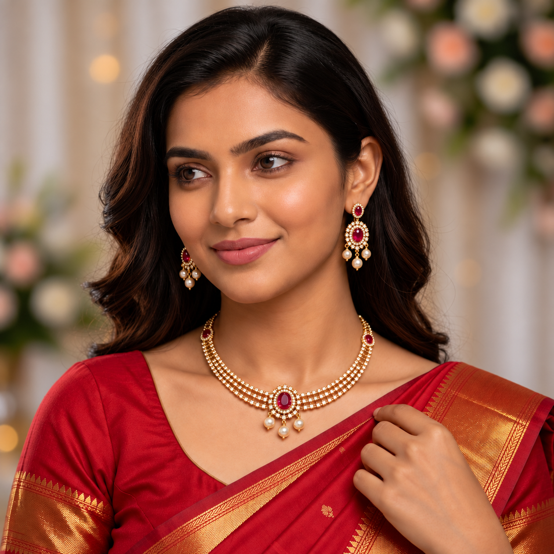Ruby Pearl Necklace Set