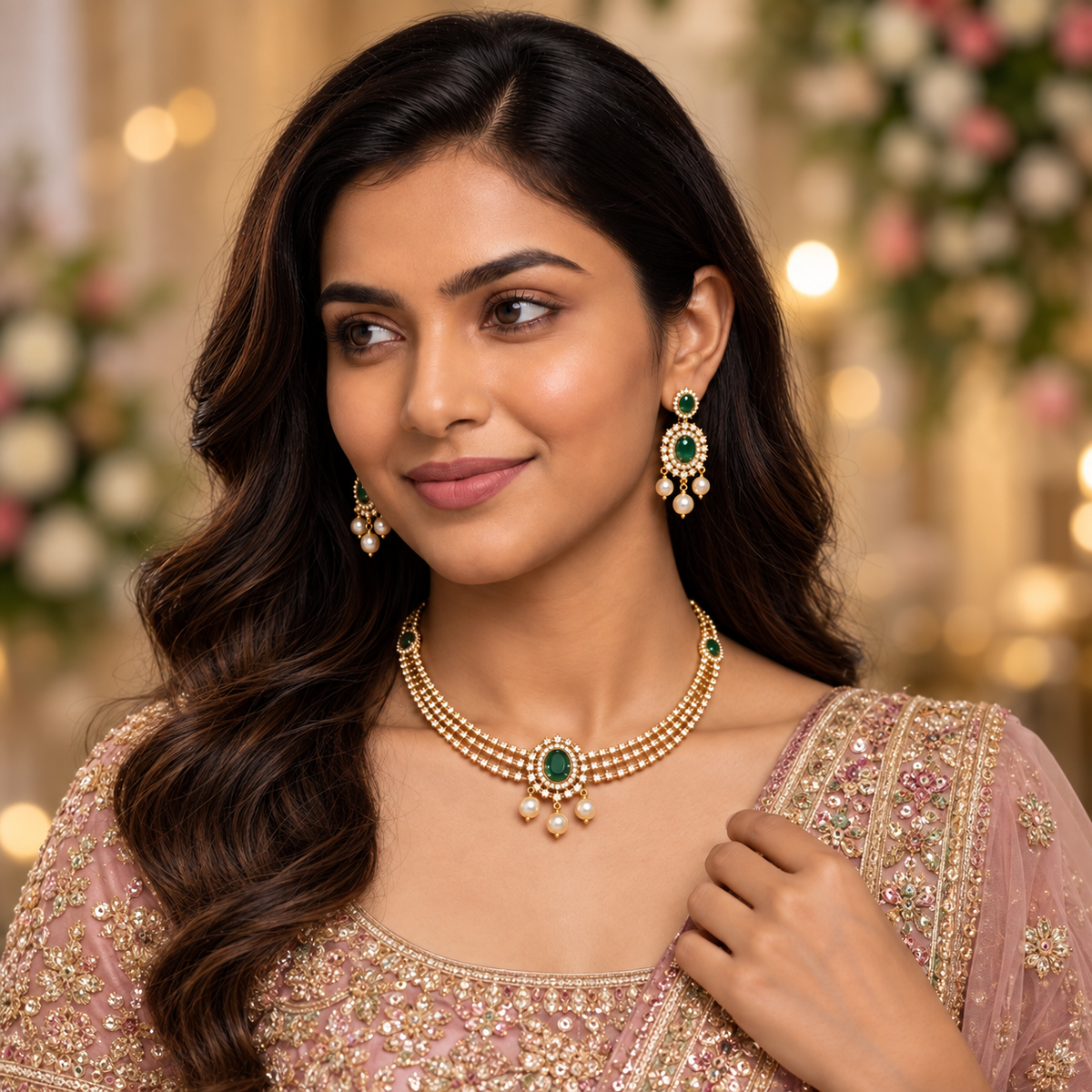 Emerald Pearl Necklace Set