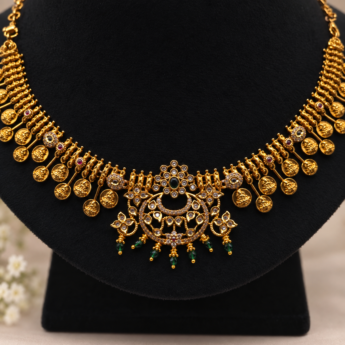 Lakshmi Green Bead Coin Necklace Set