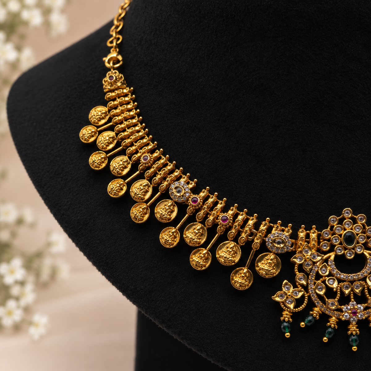 Lakshmi Green Bead Coin Necklace Set