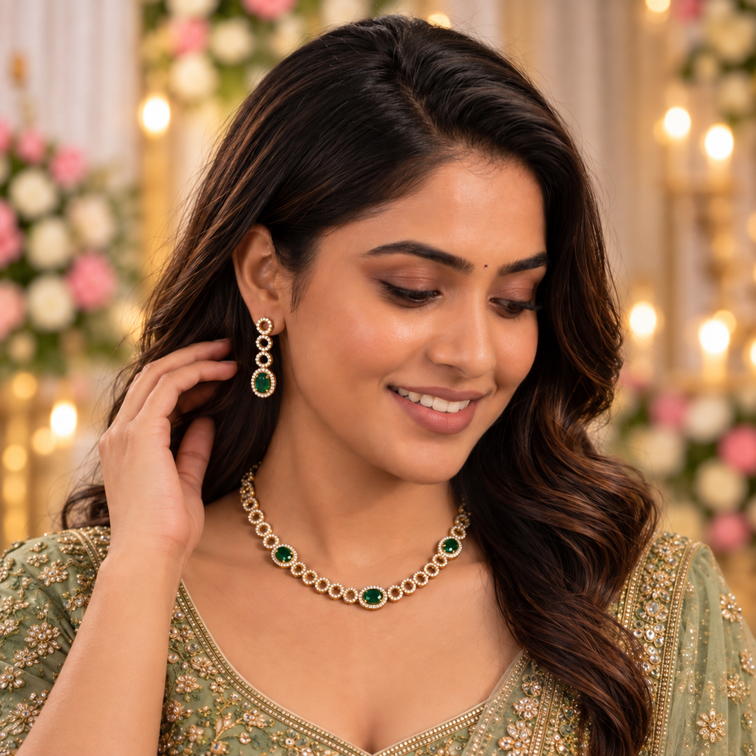 Emerald Green CZ Designer Necklace Set