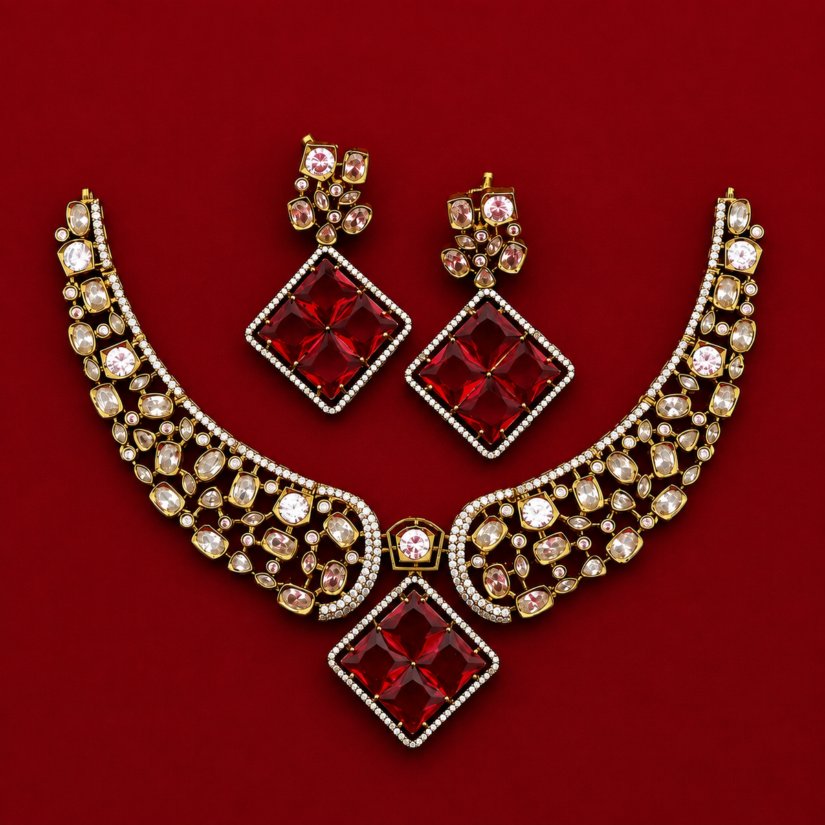 Ruby Geometric CZ Necklace Set