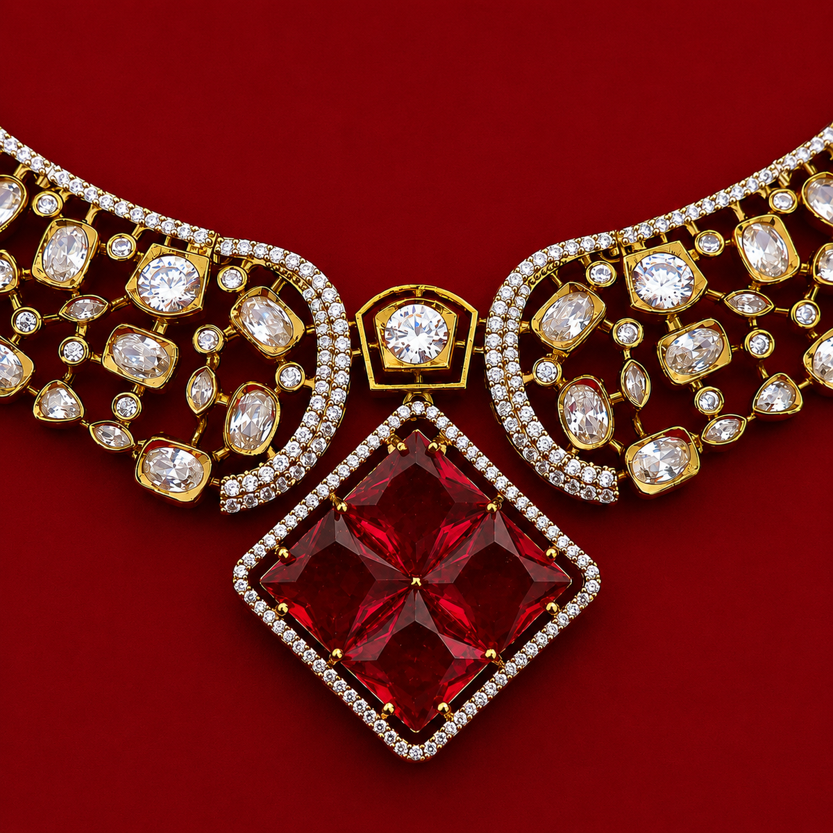 Ruby Geometric CZ Necklace Set