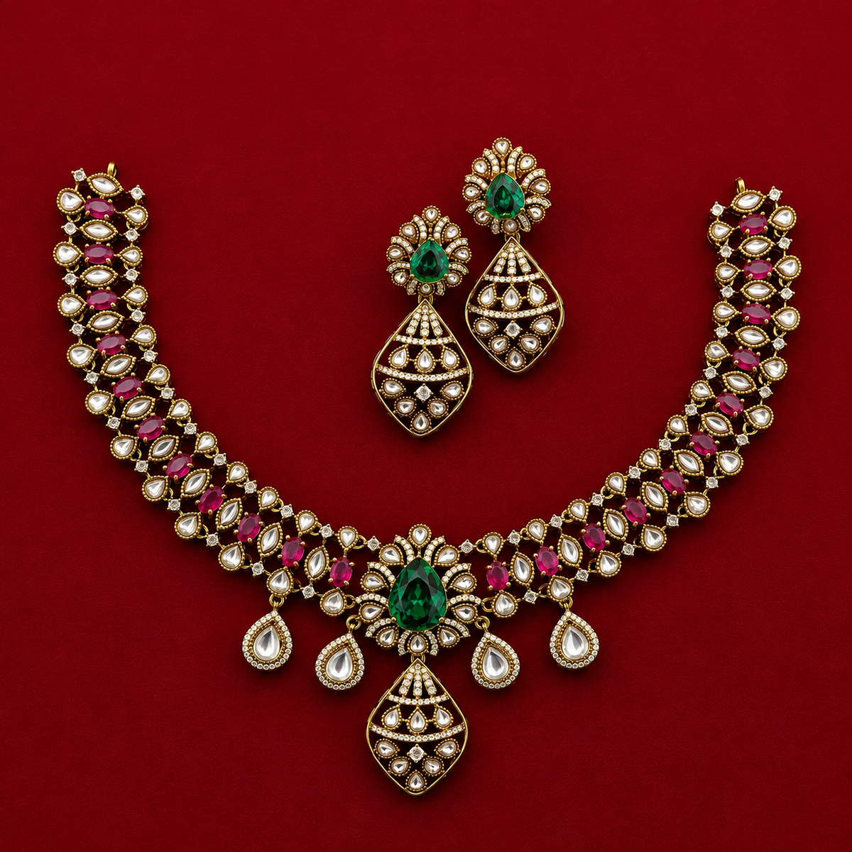 Emerald Ruby Kundan Necklace Set