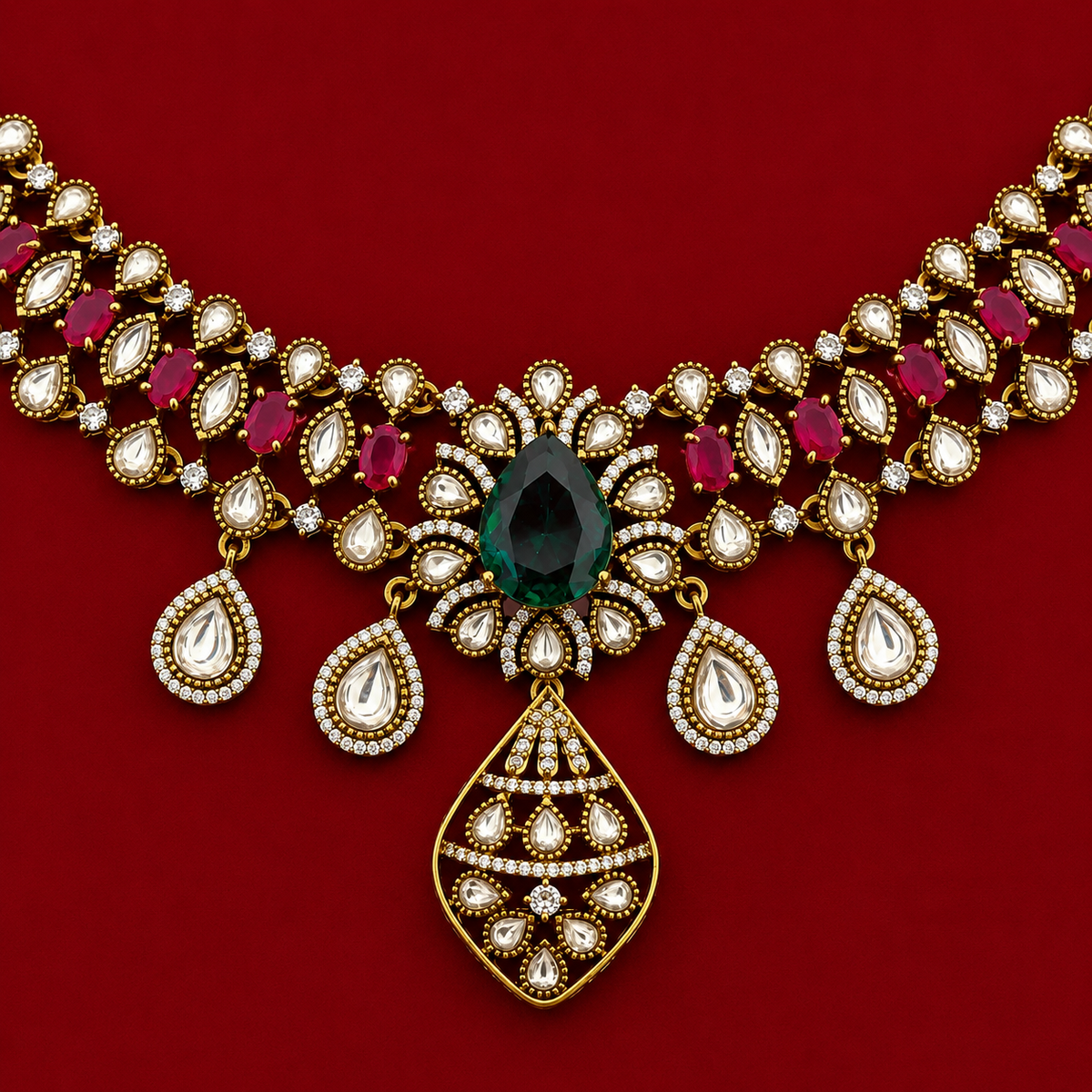 Emerald Ruby Kundan Necklace Set