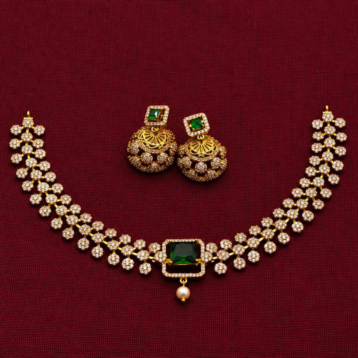 Emerald Floral CZ Necklace Set