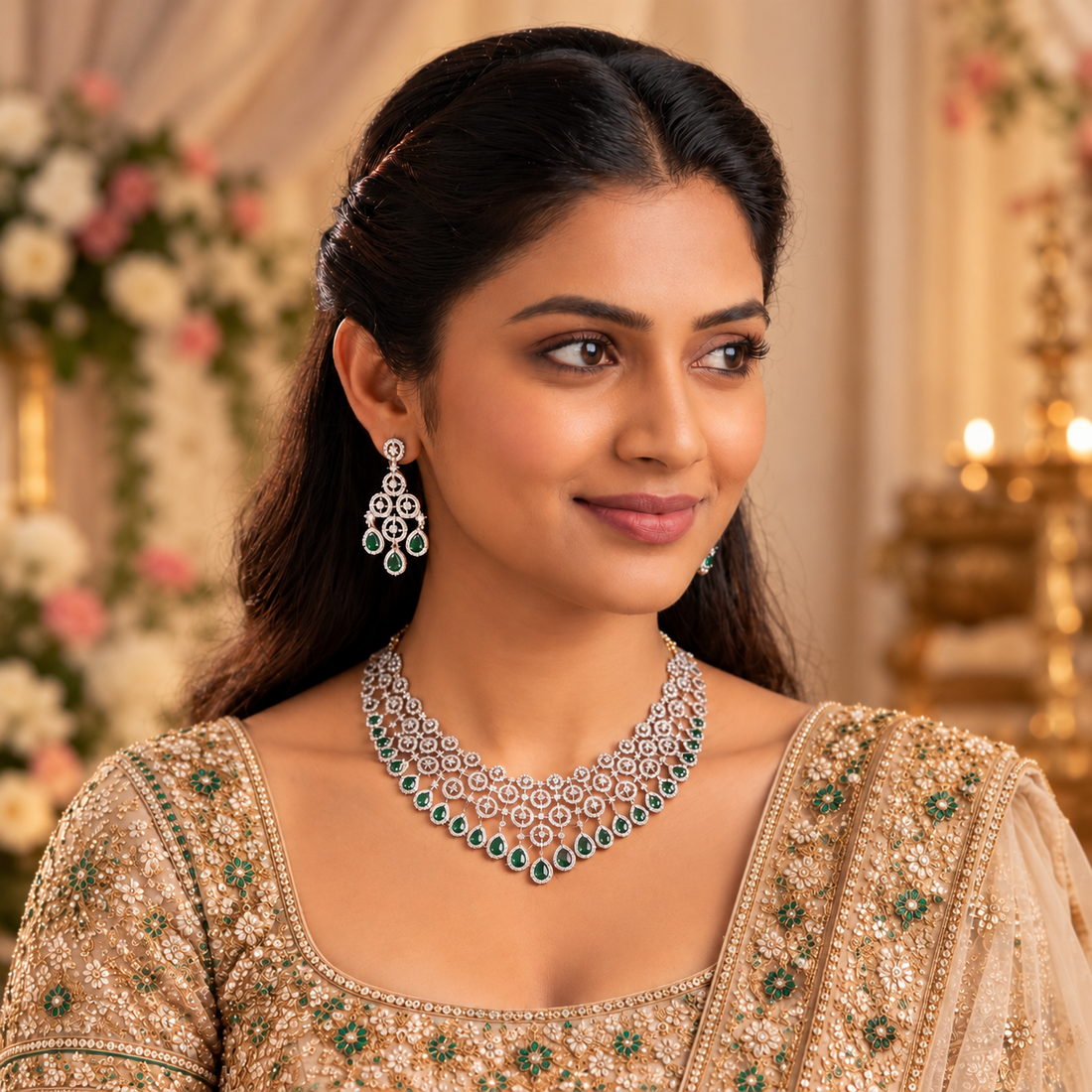 Emerald Green CZ Statement Necklace Set
