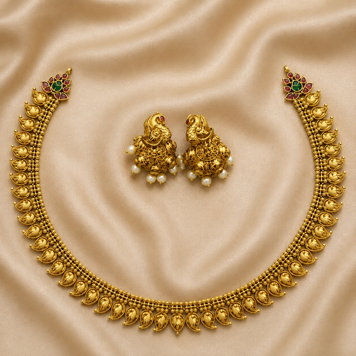 Peacock Paisley Necklace set with Jhumkas