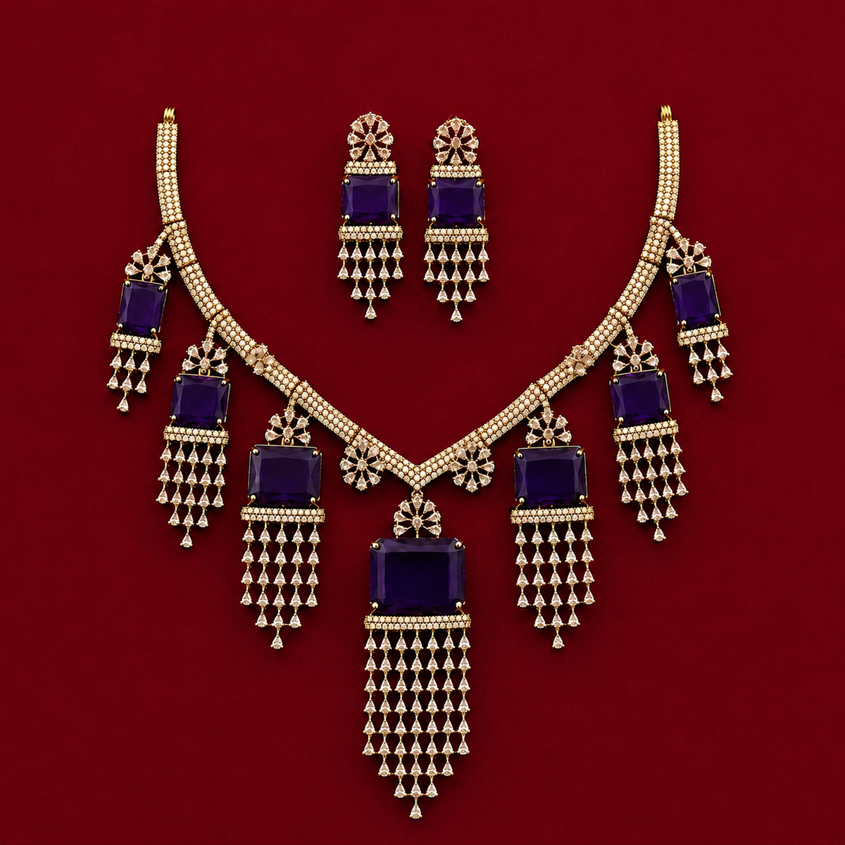 Purple Stone CZ Drop Necklace Set