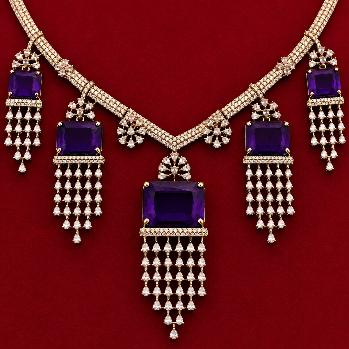 Purple Stone CZ Drop Necklace Set