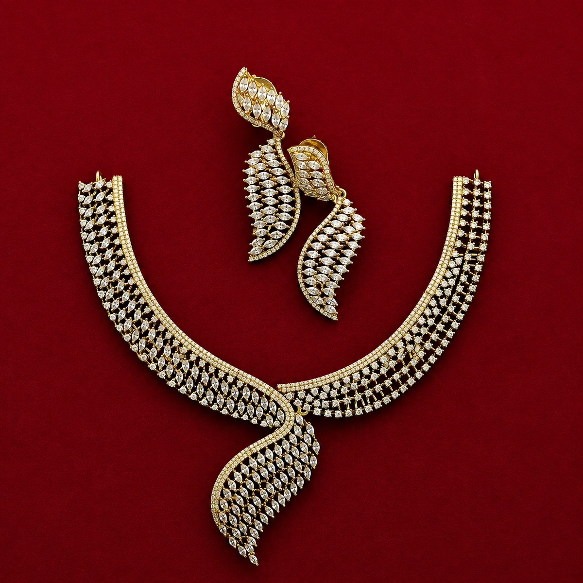 Elegant CZ Leaf Necklace Set