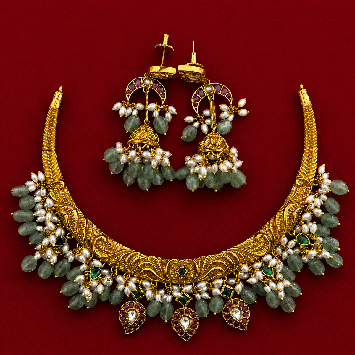 Green Bead Temple Choker Necklace Set