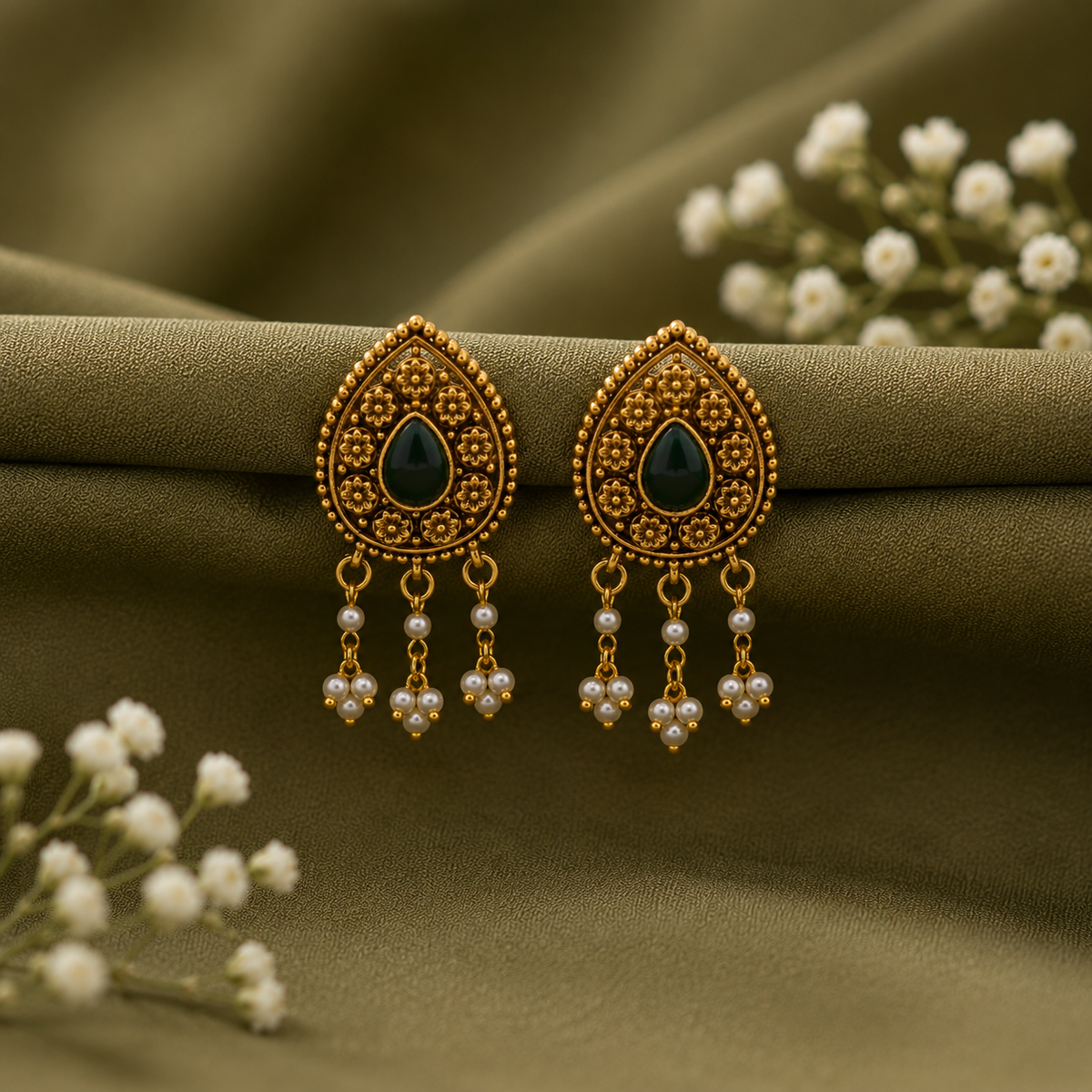 Emerald Floral Pearl Drop Earrings