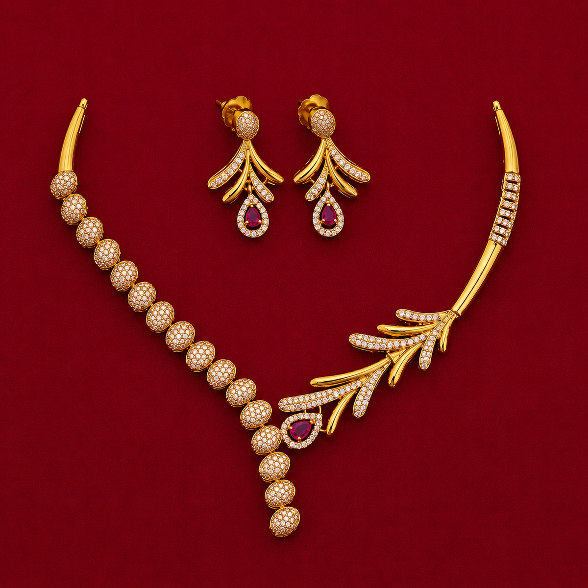 Ruby Leaf CZ Necklace Set