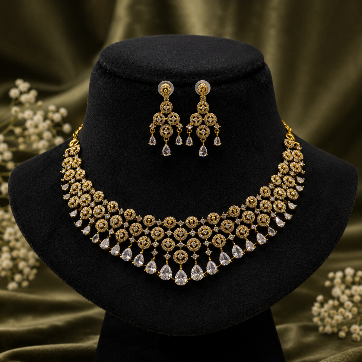 Diamond Floral Layered Necklace Set