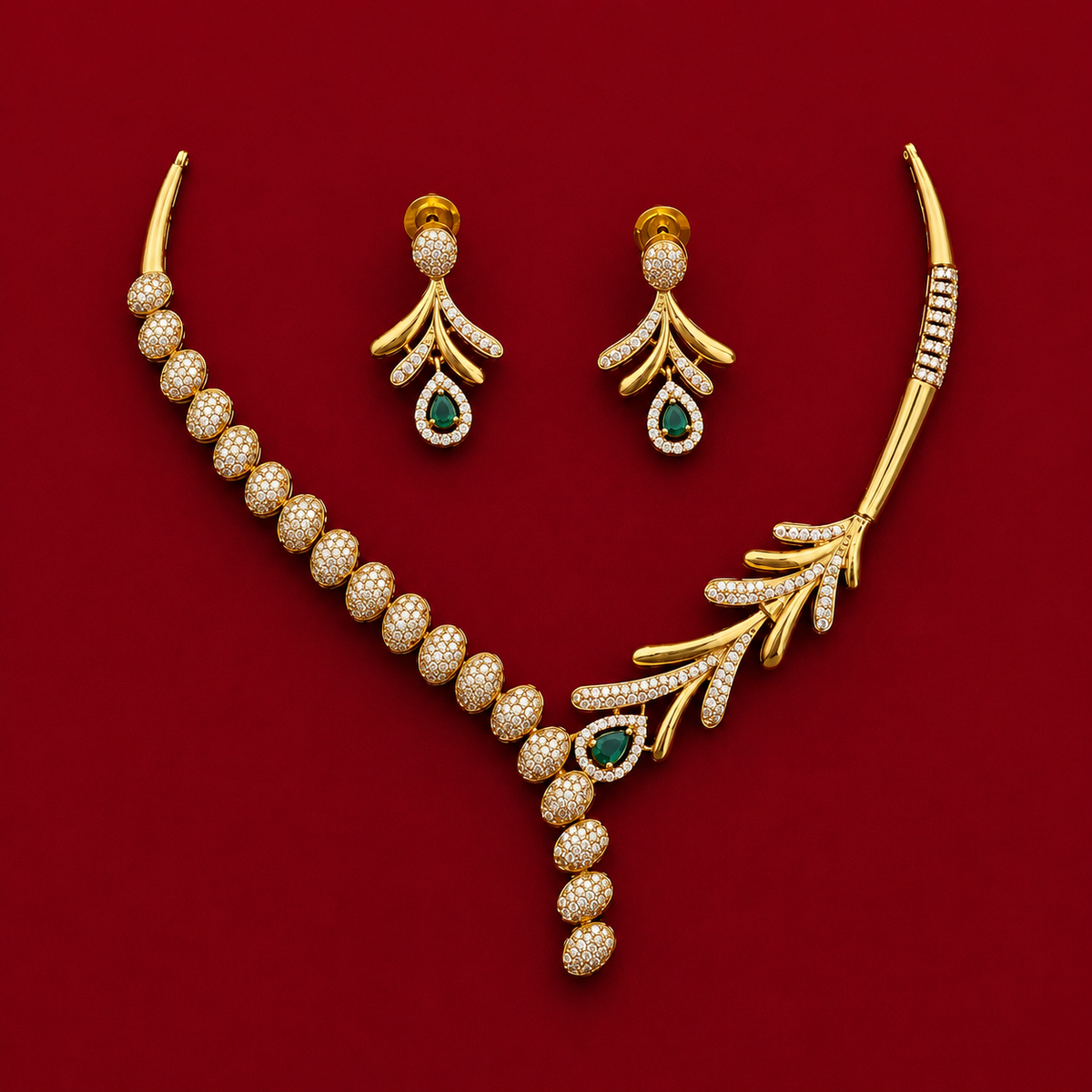 Emerald Leaf CZ Necklace Set