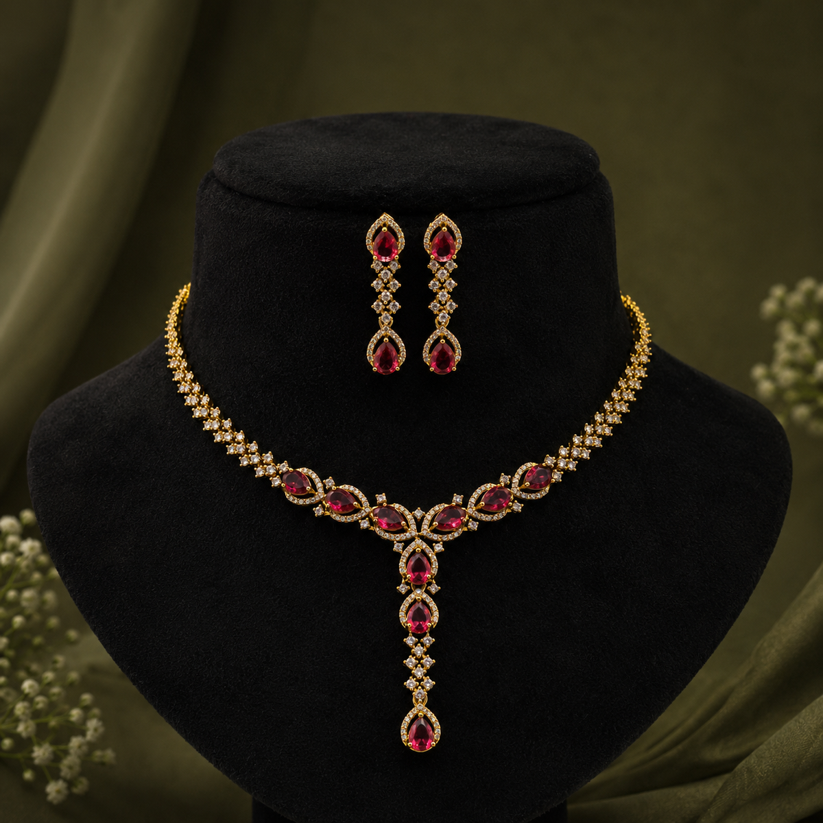 Ruby Teardrop Necklace Set