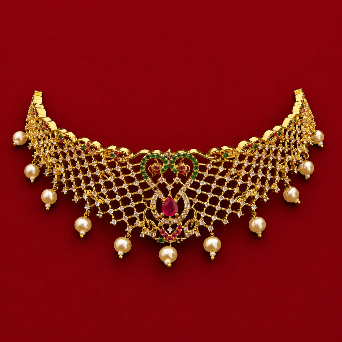Ruby Green CZ Pearl Choker Set for Kids / Girls