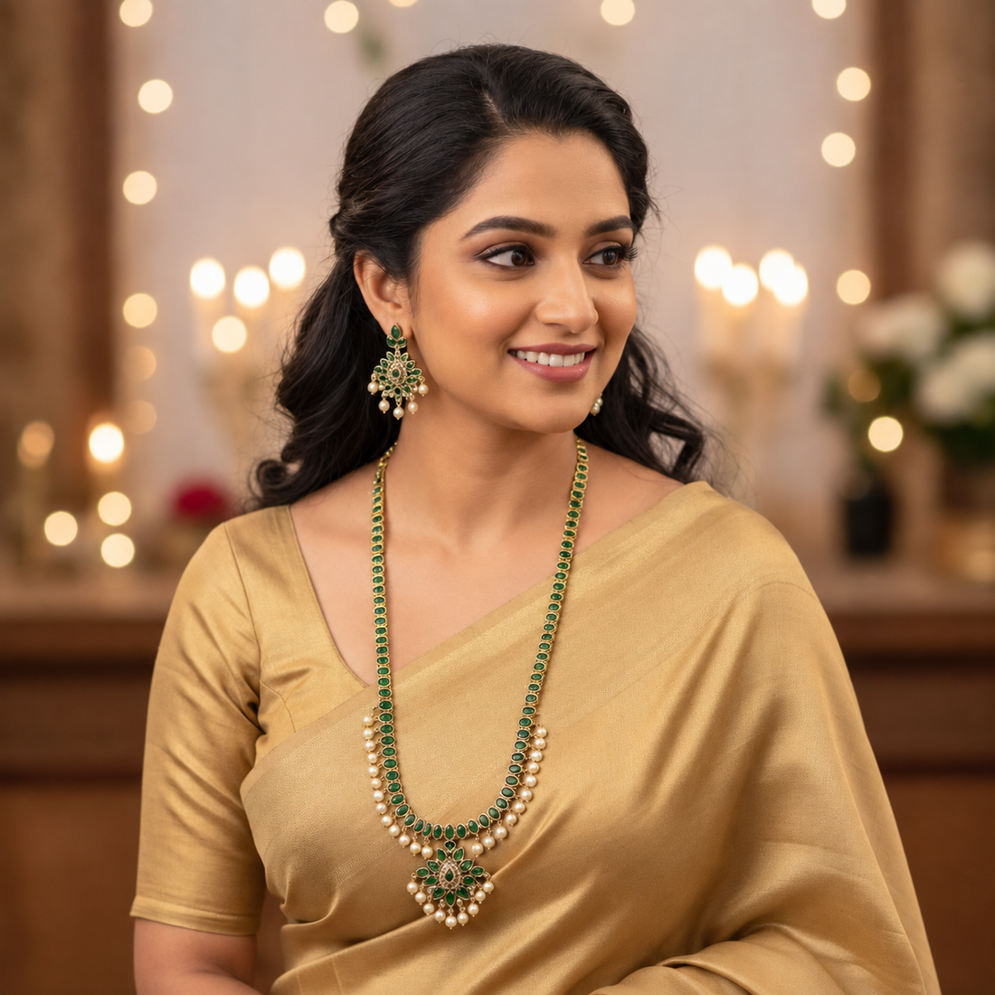 Emerald Pearl Long Necklace Set