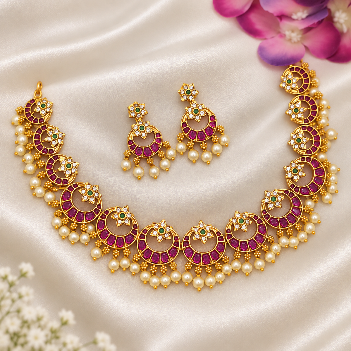 Ruby Emerald Pearl Choker Set