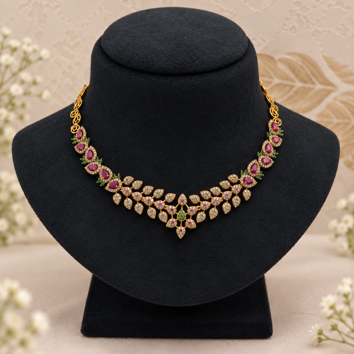 Ruby Emerald Leaf Necklace Set