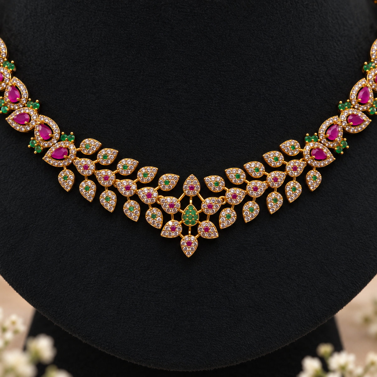 Ruby Emerald Leaf Necklace Set
