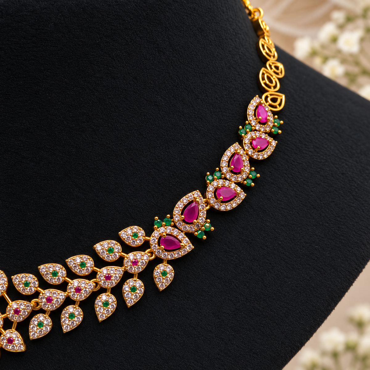 Ruby Emerald Leaf Necklace Set