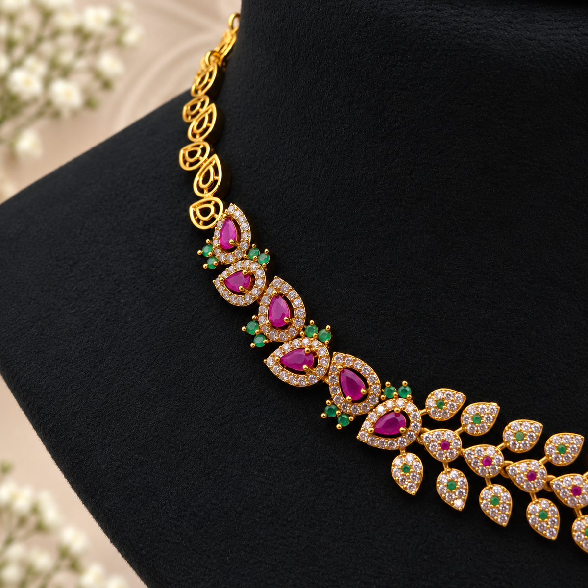 Ruby Emerald Leaf Necklace Set