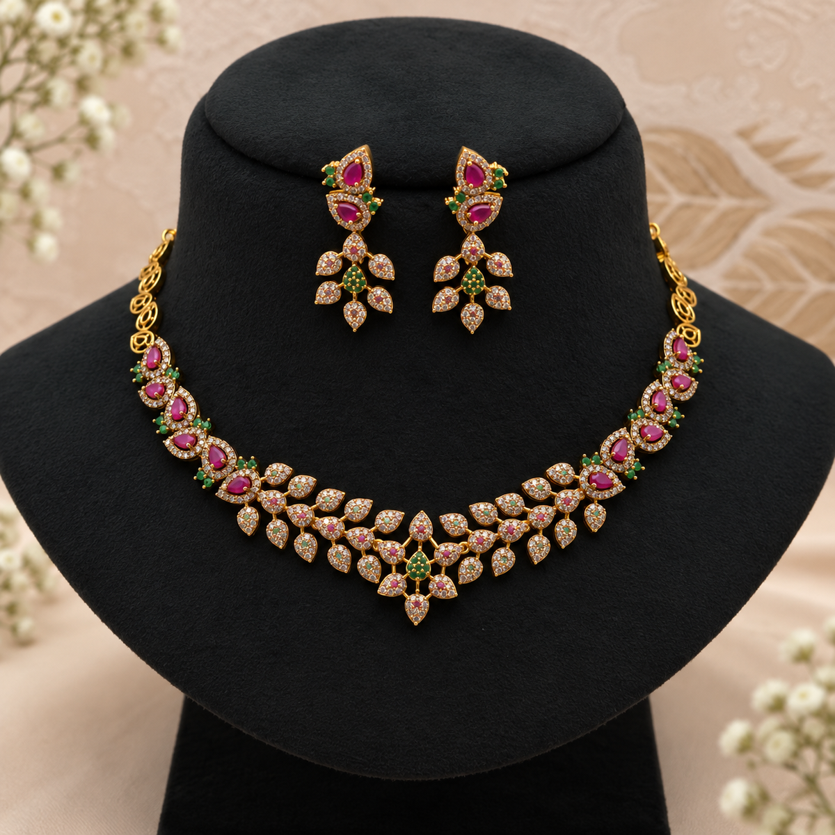 Ruby Emerald Leaf Necklace Set