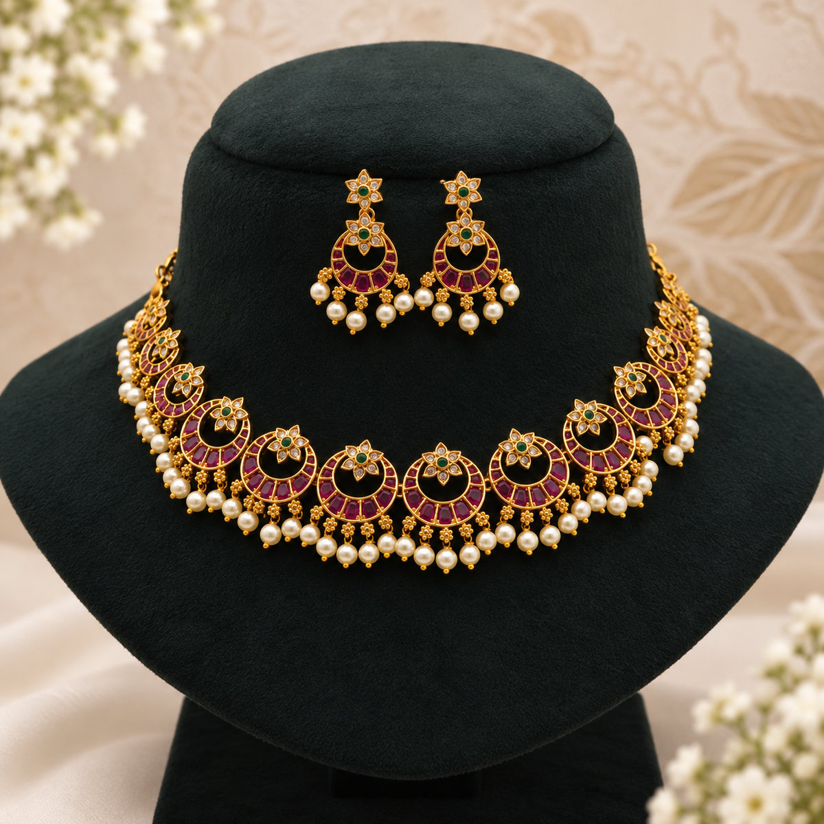 Ruby Emerald Pearl Choker Set