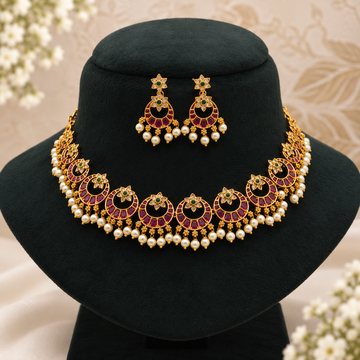 Ruby Emerald Pearl Choker Set