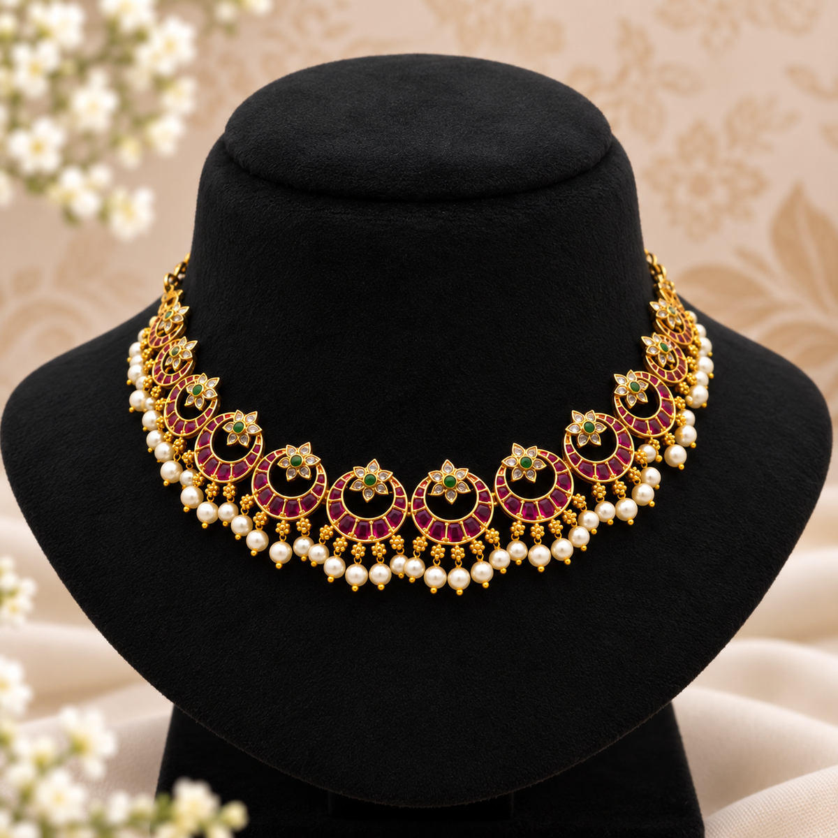 Ruby Emerald Pearl Choker Set