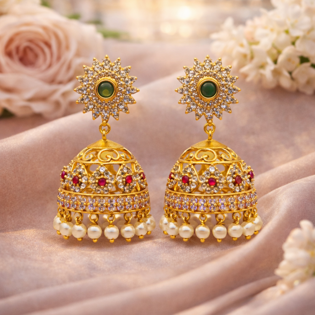 CZ Sunburst Ruby Pearl Jhumka