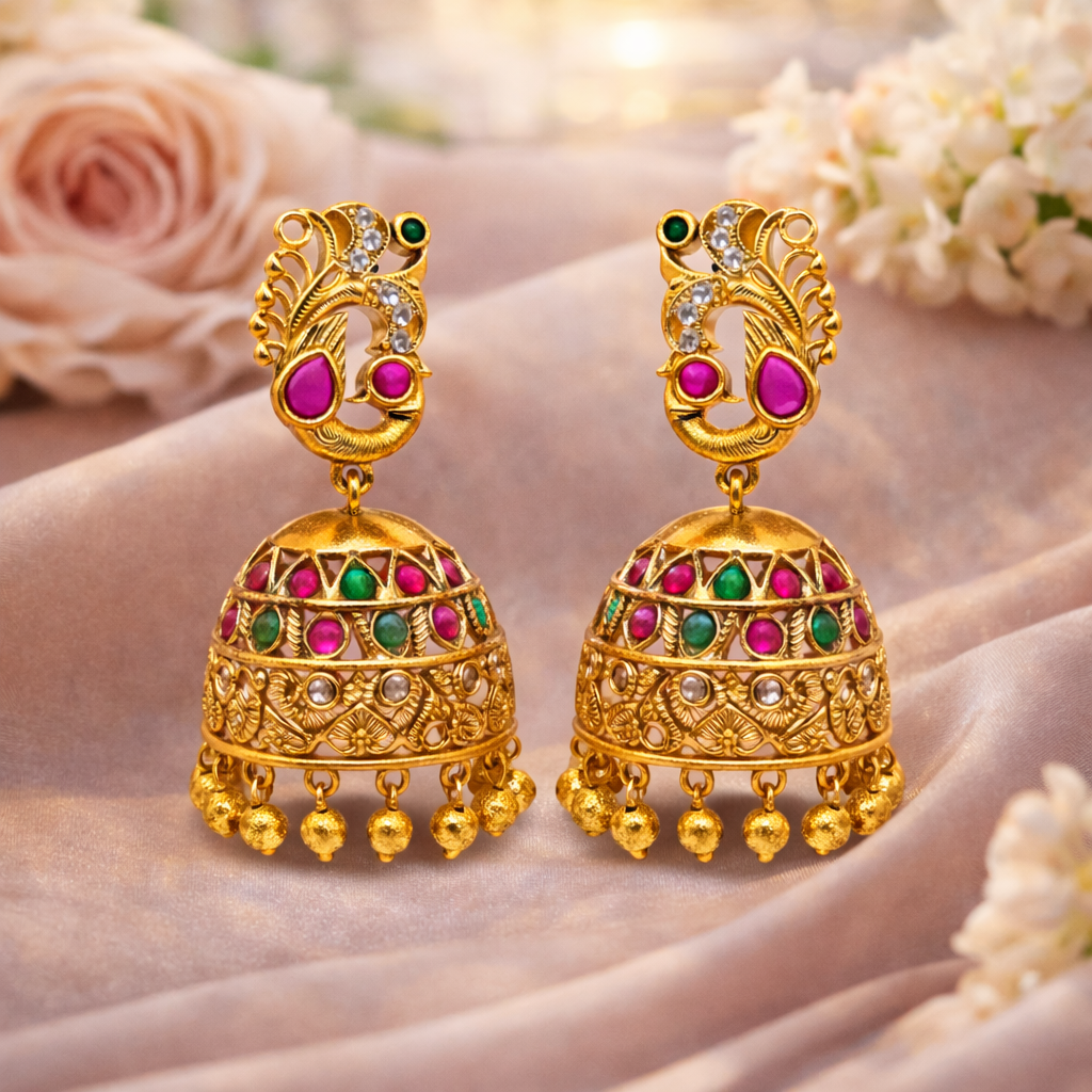 Peacock Filigree Ruby Emerald Jhumka