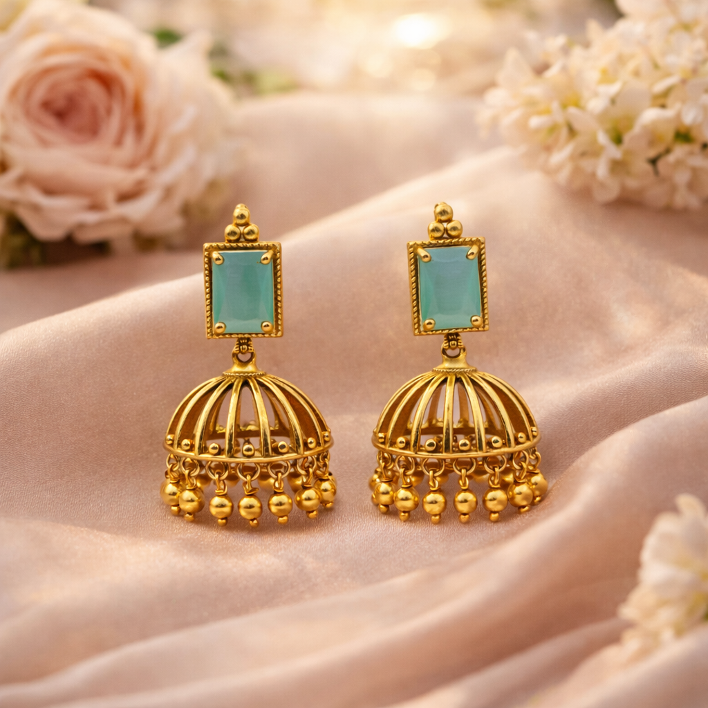 Antique Gold Turquoise Cage Jhumka
